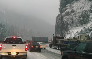 A semi-truck is seen jackknifed on Interstate 90, Friday afternoon. Nov. 21, 2014. Photo courtesy: Jenn Bickler/Facebook